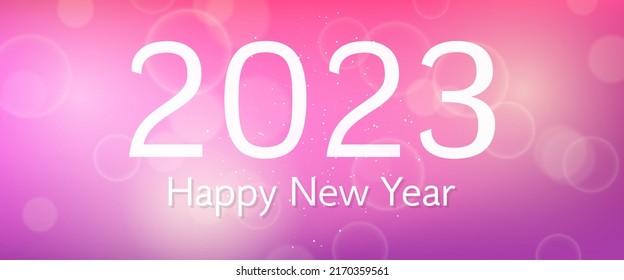 Happy new year 2023 incription on blurred background. White numbers on backdrop with confetti, bokeh and lens flare. Vector illustration