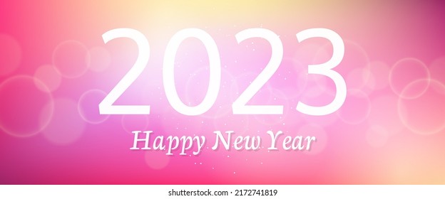 Happy new year 2023 incription on blurred background. White numbers on backdrop with confetti, bokeh and lens flare. Vector illustration