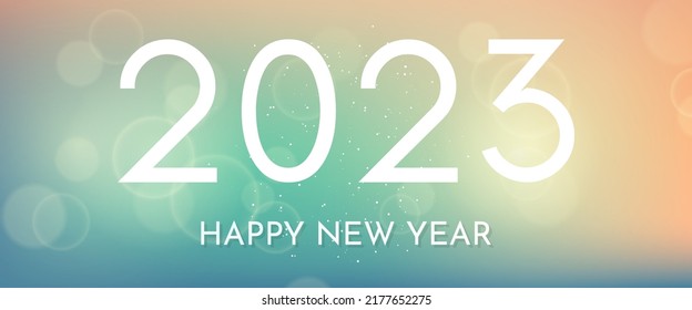 Happy new year 2023 incription on blurred background. White numbers on backdrop with confetti, bokeh and lens flare. Vector illustration