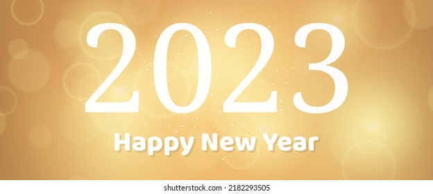 Happy new year 2023 incription on blurred background. White numbers on backdrop with confetti, bokeh and lens flare. Vector illustration
