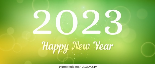 Happy new year 2023 incription on blurred background. White numbers on backdrop with confetti, bokeh and lens flare. Vector illustration
