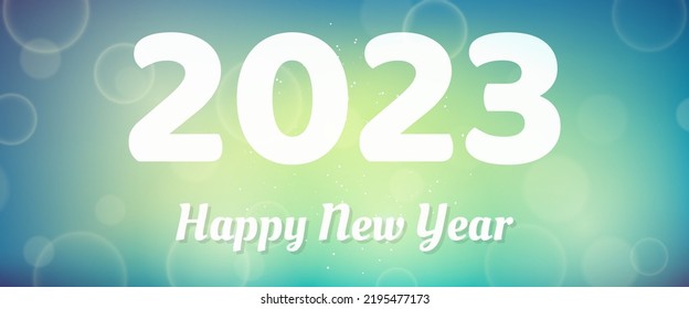 Happy new year 2023 incription on blurred background. White numbers on backdrop with confetti, bokeh and lens flare. Vector illustration