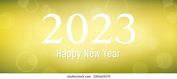 Happy new year 2023 incription on blurred background. White numbers on backdrop with confetti, bokeh and lens flare. Vector illustration