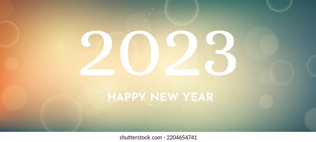 Happy new year 2023 incription on blurred background. White numbers on backdrop with confetti, bokeh and lens flare. Vector illustration