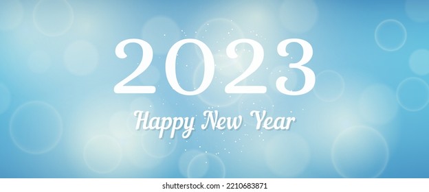 Happy new year 2023 incription on blurred background. White numbers on backdrop with confetti, bokeh and lens flare. Vector illustration