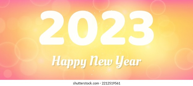 Happy new year 2023 incription on blurred background. White numbers on backdrop with confetti, bokeh and lens flare. Vector illustration