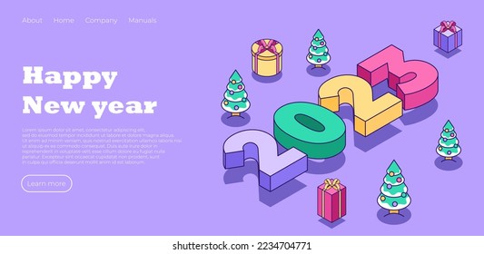 Happy New Year 2023 landing page. Christmas tree in cute minimalistic style. Creative concept for banner, flyer, cover, social media, design web page. Vector illustration concept