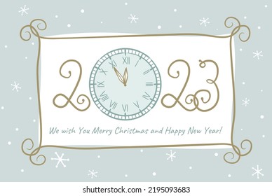 Happy new year 2023. Lettering of hand-drawn numbers and vintage clock on snow background. 2023 calendar heading. Vector illustration for design of Christmas cards and posters.now