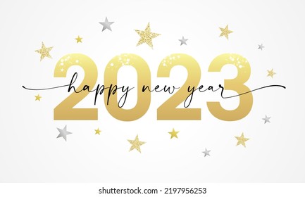 Happy New Year 2023 lettering script and golden glitter of stars. Number 20 23 design template. 2023 happy new year symbols. Creative vector template isolated on white background