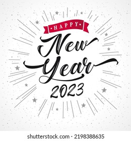 Happy new year 2023 lettering and rays. 20 23 happy new year symbols. Creative vector art template isolated on white background