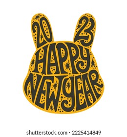 Happy New Year 2023 lettering in bunny silhouette, black and gold letters in rabbit symbol of the year isolated vector