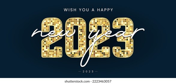 A Happy New Year 2023 Letters for celebretion banner design, Blue New Year poster concepts of 2023 letters gradient gold on dark blue background.