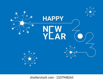 Happy new year 2023 linear design with fireworks sparks from sparklers on blue background. Vector illustration EPS 10 file