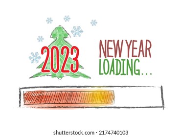 Happy New Year 2023. A loading strip with a Christmas tree, snowflakes and an inscription for New Year and Christmas greetings. Template for postcards, banners and creative design