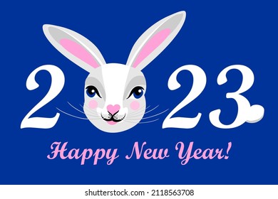 Happy New Year 2023 logo design. Cover of business diary for 2023 with rabbit. Brochure text design template, card, banner. Horizontal banner.  Year of the rabbit. Vector illustration. 