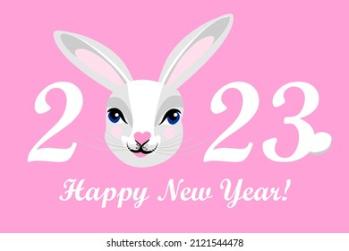 Happy New Year 2023 logo design. Cover of business diary for 2023 with rabbit. Brochure text design template, card, banner. Horizontal banner.  Year of the rabbit. Vector illustration. 