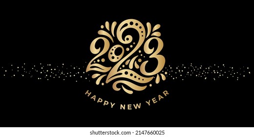 Happy New year 2023. The logo of number 2023 is in arab style with curls. Vector web banner, poster, greeting for social networks and media. Gold logo 2023 on a black background with golden sequins