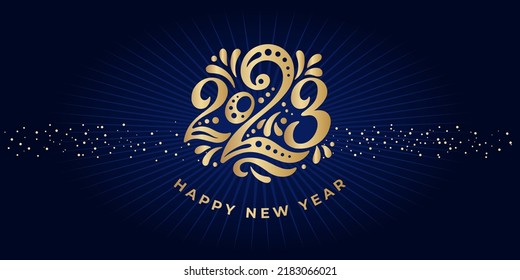 Happy New year 2023. The logo of number 2023 is in arab style with curls. Vector web banner, poster, greeting for social networks and media. Gold logo 2023 on a black background with golden sequins