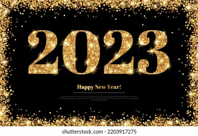 Happy New Year 2023 logo, Greeting Card with Gold Numbers and Confetti Frame on Black Background. Vector Illustration. Merry Christmas Flyer Poster Design, Winter holiday brochure voucher template.