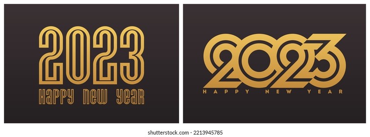 Happy New Year 2023 logo design with elegant golden numbers on dark background. Modern vector illustration for holiday calendar or business diary cover