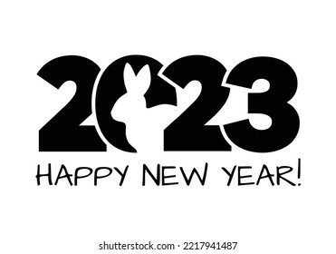 Happy new year 2023 logo with rabbit. The Chinese New Year. A vector black and white graphic illustration.