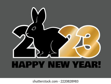 Happy new year 2023 logo with a rabbit. Golden and black colors. The Chinese New Year. Vector graphic illustration.