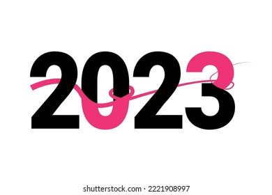 Feliz año nuevo 2023 logo y plantilla de diseño de texto con rosa y negro.