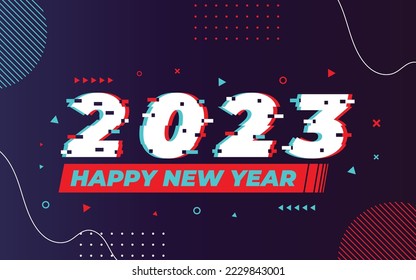 Happy new year 2023, 2023 logo with glitch effect vector template, Applicable for banner design, calendar, invitation, party flyer, etc. 