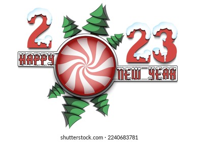 Happy new year. 2023 with lollipop and Christmas trees. Original template design for greeting card, banner, poster. Vector illustration on isolated background