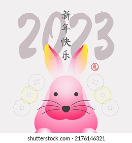 Happy New Year 2023, Lunar, Concept of Chinese New Year with pink rabbit and lucky coin. Year of the Rabbit (Translation : happy new year, Rabbit)