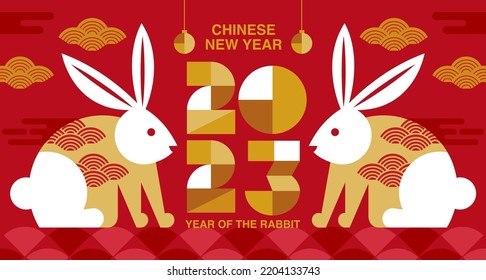 Happy new year 2023 , Lunar new year, Rabbit reflection , simple flat design