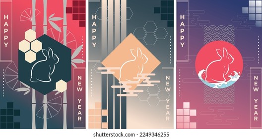 Happy new year 2023 and happy lunar new year, year of rabbit. Three rabbits with traditional style and different decoration. Perfect for greeting card, banner, poster etc.