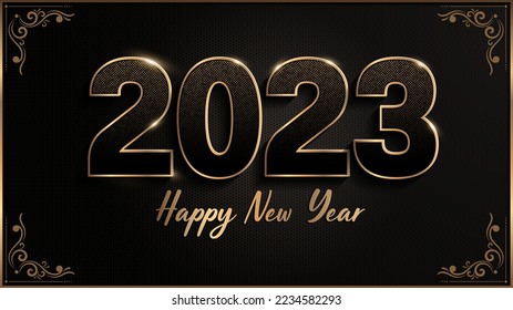 happy new year 2023 luxury black gold color background, golder dot and line  image abstract, overlap layer shadow gradients space composition,square size for banner, template design