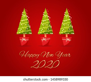 Happy New Year 2023 and Merry Christmas. Greeting hand drawn card christmas trees with golden inscription. Vector illustration in flat style on red isolated background.
