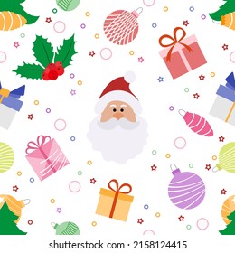Happy New Year 2023 Merry Christmas Vector Seamless pattern Santa Claus, gifts, Christmas tree, mistletoe, Christmas ornaments. Winter holiday. Festive background