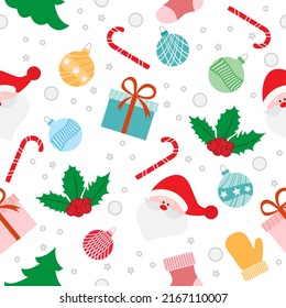 Happy New Year 2023 Merry Christmas Vector Seamless pattern Santa Claus, gifts, Santa sock, Christmas tree, mistletoe, Candy cane, Christmas ornaments, mittens. Winter holiday. Festive background