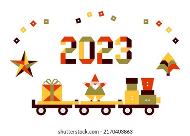 Happy new year 2023, Merry Christmas. Vector illustration with origami 2023 year numbers, Christmas tree, gift, Santa Claus on a toy train. Festive background. Design for print.
