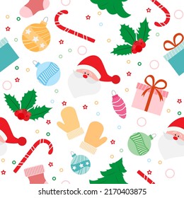 Happy New Year 2023 Merry Christmas Vector Seamless pattern Santa Claus, gifts, Santa sock, Christmas tree, mistletoe, Candy cane, Christmas ornaments, mittens. Winter holiday. Festive background
