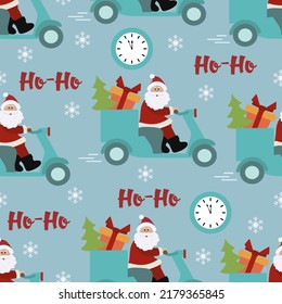Happy new year 2023, Merry Christmas Seamless pattern. Vector illustration with Santa Claus on motorbike carries gift, Christmas tree, clock. Winter holiday. Festive background.