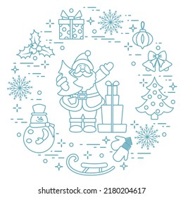 Happy new year 2023, Merry Christmas Vector illustration Santa Claus with Christmas tree, gifts, Christmas decoration, bell, snowflakes, sled, snowman, mittens, mistletoe. Winter holiday Festive