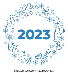 Happy new year 2023, Merry Christmas Vector illustration with Santa hat, Christmas tree, clock, Candy cane, glasses, firecracker, sparkler, gifts, bell, candle, sock, mistletoe. Winter holiday Festive