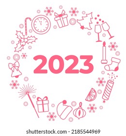 Happy new year 2023, Merry Christmas Vector illustration with Santa hat, Christmas tree, clock, Candy cane, glasses, firecracker, sparkler, gifts, bell, candle, sock, mistletoe. Winter holiday Festive