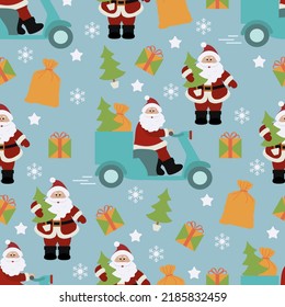Happy new year 2023, Merry Christmas Seamless pattern. Vector illustration with Santa Claus, Christmas tree, Santa on motorbike carries bag of gifts. Winter holiday. Festive background.