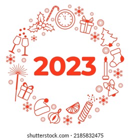Happy new year 2023, Merry Christmas Vector illustration with Santa hat, Christmas tree, clock, Candy cane, glasses, firecracker, sparkler, gifts, bell, candle, sock, mistletoe. Winter holiday Festive
