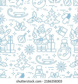 Happy new year 2023, Merry Christmas Seamless pattern Vector illustration Santa Claus with Christmas tree, gifts, bell, snowflakes, sled, snowman, mittens, mistletoe. Winter holiday Festive background