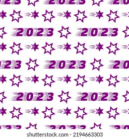Happy New Year 2023, Merry Christmas seamless pattern. Vector illustration with stars and numbers 2023. Festive background. Winter holiday. Design for packaging paper, fabric, print.