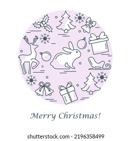 Happy new year 2023, Merry Christmas Vector illustration Christmas tree, gifts, bell, snowflakes, sled, deer, mistletoe. Winter holiday. Festive background