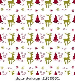 Happy new year 2023, Merry Christmas Seamless pattern Vector illustration Christmas tree, deer. Winter holiday. Festive background
