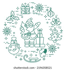 Happy new year 2023, Merry Christmas Vector illustration Santa Claus with Christmas tree, gifts, Christmas decoration, bell, snowflakes, sled, snowman, mittens, mistletoe. Winter holiday Festive