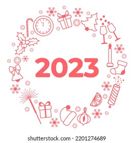 Happy new year 2023, Merry Christmas Vector illustration with Santa hat, Christmas tree, clock, Candy cane, glasses, firecracker, sparkler, gifts, bell, candle, sock, mistletoe. Winter holiday Festive